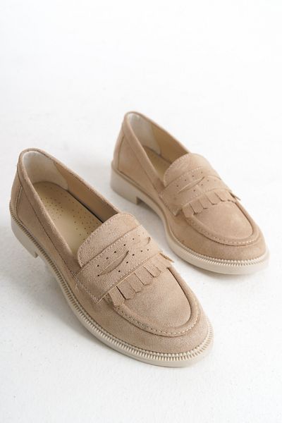 Entella Store Дамски мокасини с пискюли, бежови, велурени, ежедневни обувки