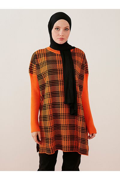 Por La Cara Orange Plaid Patterned Loose Knitwear Tunic - Side Slit