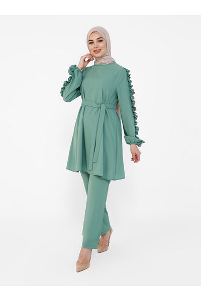 Tavin Belted Tunic Trousers with Ruffled Sleeves Detailed Double Suit