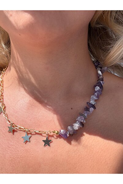 JEWELRY قلادة من حجر الجمشت الطبيعي مع سلسلة نجمة مصنوعة يدويًا