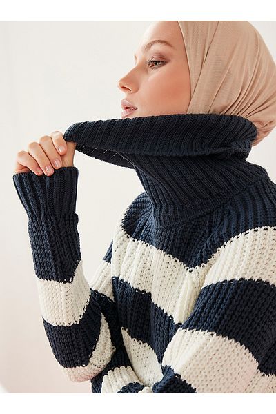 Por La Cara Thessaloniki Knitted Side Slit Transverse Striped Knitwear Tunic Indigo