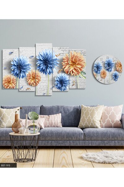 fabriflow exclusive Çiçekli Manzaralı Dekoratif Desenli Mdf Tablo  5 Parça Set Ve saatli