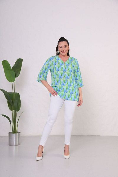 Mezure Patterned Crepe Fabric Blouse with Zippered Collar Large Size