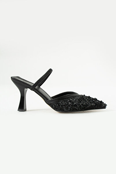 DUXAL SHOES Alberta Tüylü Boncuklu Detaylı Arkası Açık Topuklu Ayakkabı