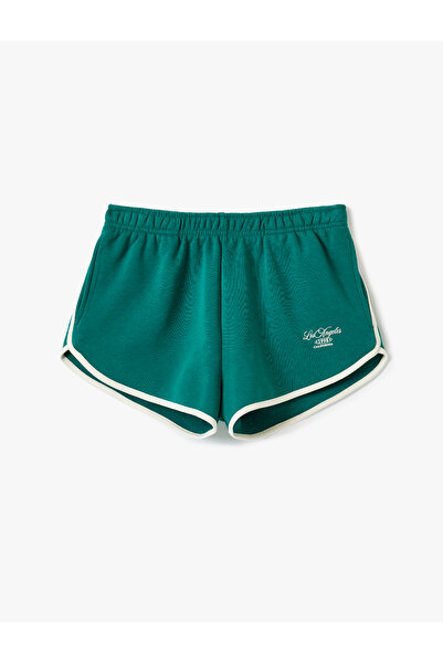 Koton Cep Detaylı Beli Lastikli Slogan Baskılı Biyeli Slim Fit Mini Şort