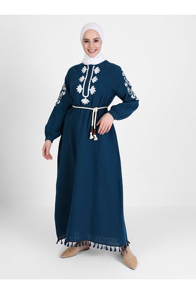 Refka Natural Fabric Embroidery Detailed Skirt Tassel Dress - Off White Navy Blue - Casual
