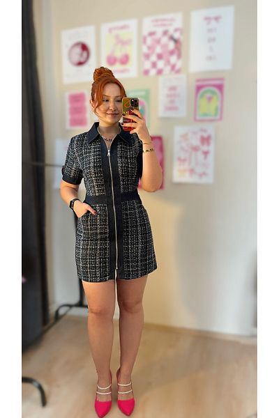 Tumtum Wear Denim Color Dress with Tweed Detail