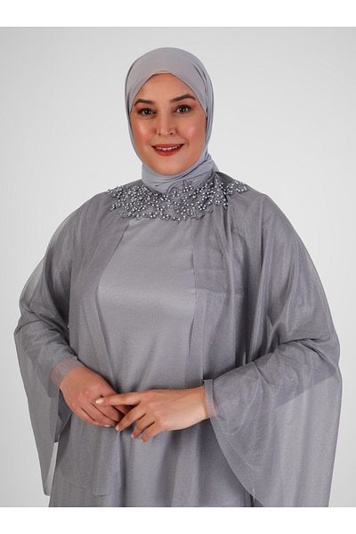ALİA Plus Size Bead Detailed Evening Dress - Gray -