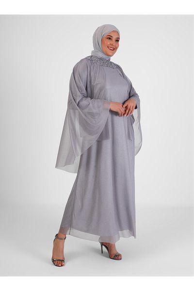 ALİA Plus Size Bead Detailed Evening Dress - Gray -