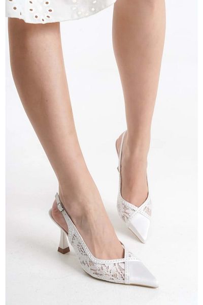 Kids Club Shoes Pantofi de damă cu toc stiletto cu dantelă din satin alb Feles
