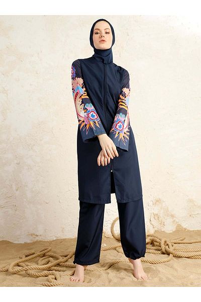 Mayo Bella Sleeve Patterned Full Covered Swimsuit - Navy Blue -