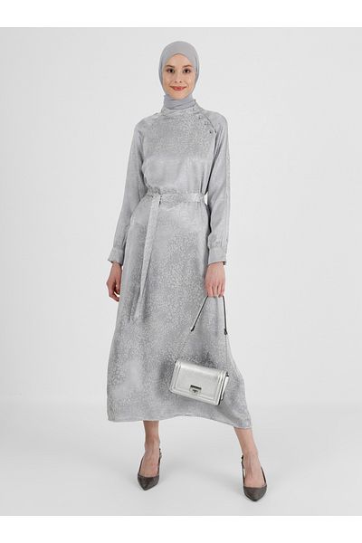 Refka Button Detailed Jacquard Satin Dress - Light Gray - Woman