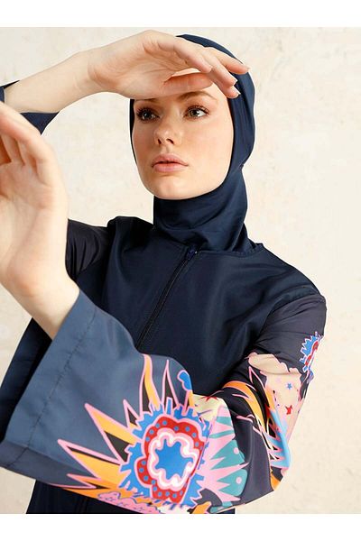 Mayo Bella Sleeve Patterned Full Covered Swimsuit - Navy Blue -