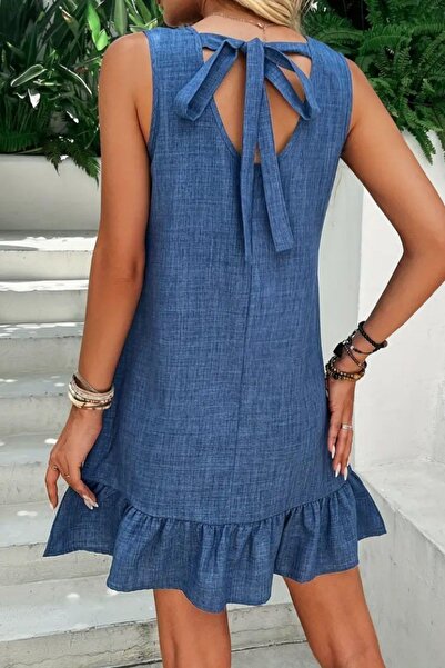 Mossta Blue Crew Neck and Ruffled Linen Dress