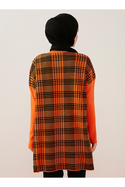 Por La Cara Orange Plaid Patterned Loose Knitwear Tunic - Side Slit