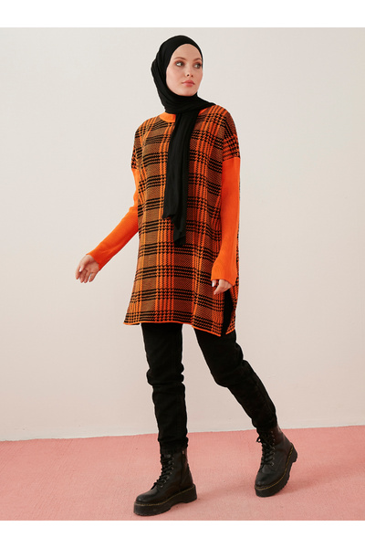 Por La Cara Orange Plaid Patterned Loose Knitwear Tunic - Side Slit