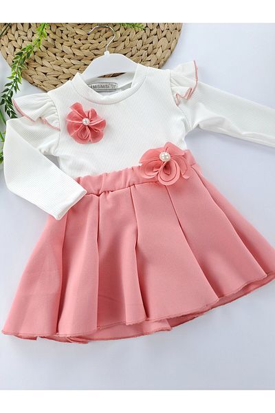 Butik Girl's Skirt T-Shirt Two-Piece Suit Candy Skirt White Badi Flower Brooch Style Outfit Eid Dress