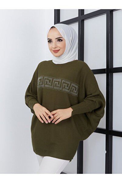 SAHRA BUTİK Bat Sleeve Knit Tunic with Stones on the Front - Khaki -