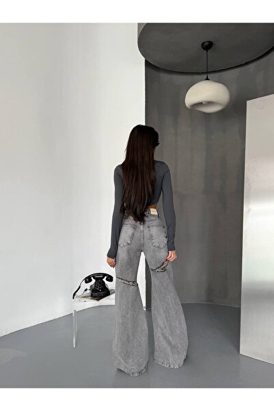 DENİKK TREND  ÖZEL TASARİM  WİDE LEG PALAZZO JEAN DENİM YIRTIK DETAY PANTOLON