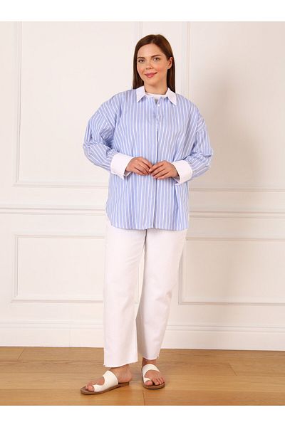 ALİA Cotton Plus Size Striped Shirt - White - Blue - Alia