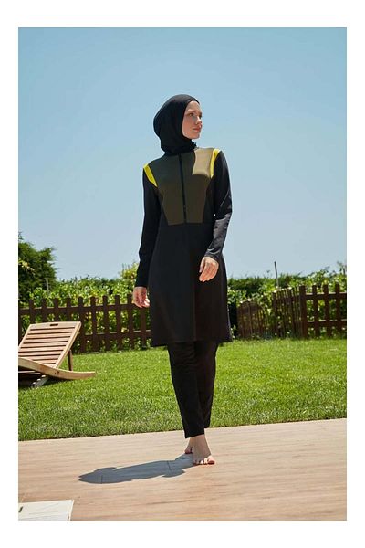 MAYOU Two Color Zippered Sports Hijab Swimsuit - Black Green Yellow -Mayou