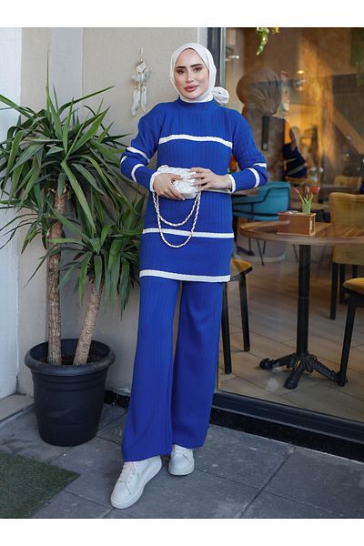 SAHRA BUTİK Sahra Butik - Ribbed Striped Knitwear Set, Blue
