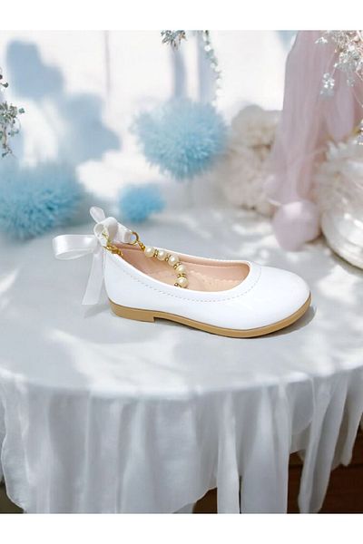 PATİK BEBE Girl's Ankle White Patent Leather Orthopedic Stylish Shoes with Pearls