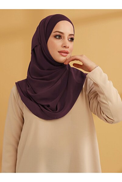 TUVA İç Boneli Şifon Hazır Türban - Mürdüm -