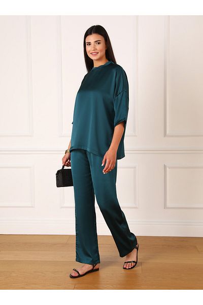 Refka Satin Trousers - Petrol Color, Elastic Waist Detail and Stopper - Refka