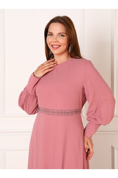 ALİA Βραδινό φόρεμα Dark Rose Plus Size με μπαλόνι μανίκι και λεπτομέρεια από πέτρα - Alia