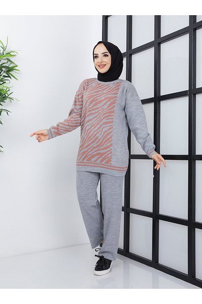SAHRA BUTİK Gray Double Knitwear Set - Zebra Patterned Trousers - Sahra Butik
