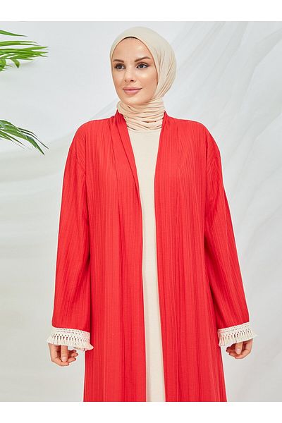 SAHRA BUTİK Червено кимоно със сламени ръкави и пола - SAHRA BUTIK
