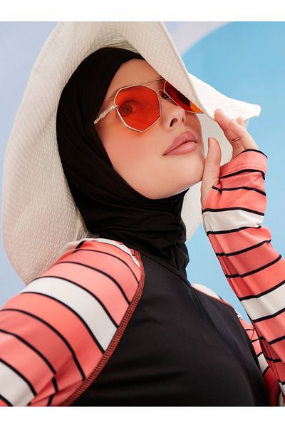 MAYOU Sports Hijab Swimsuit with Finger Sleeve Stripe Stripes - Black - Mayou
