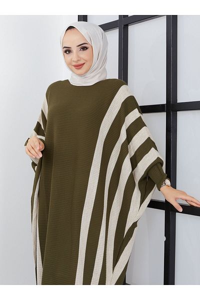 SAHRA BUTİK Khaki Striped Knitwear Bat Dress - Sahra Boutique