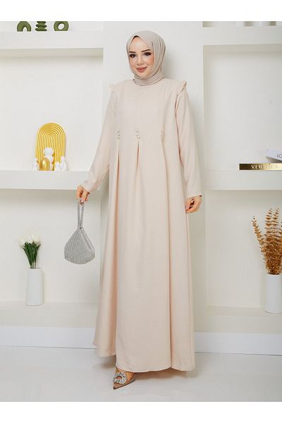SAHRA BUTİK Linen Plus Size Dress - Cream - Sahra Butik