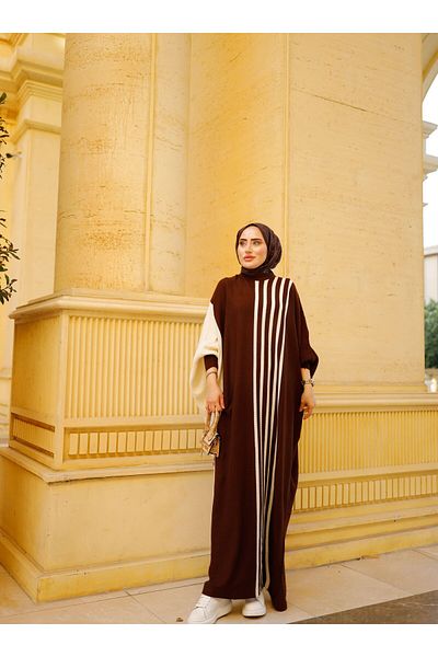 SAHRA BUTİK Bat Sleeve Knitwear Hijab Dress - Side Stripes - Brown - Sahra Boutique