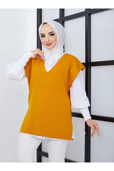 SAHRA BUTİK Sahra Butik - Mustard V-Neck Knitwear Sweater