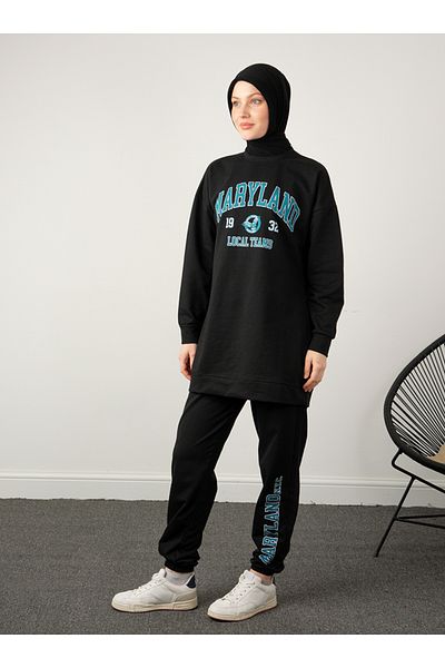 Por La Cara Maryland Text Printed Elastic Waist Trousers Double Tracksuit Set - Black -