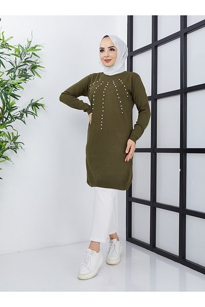 SAHRA BUTİK SIRA Pearl Knitwear Tunic - Khaki Sahra Boutique