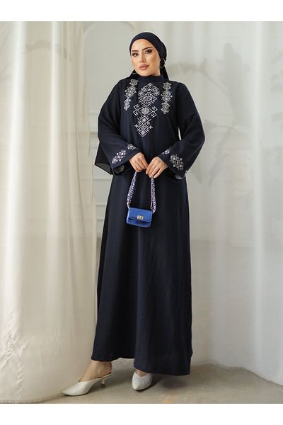 SAHRA BUTİK Navy Blue Ethnic Embroidered Linen Dress - Sahra Butik