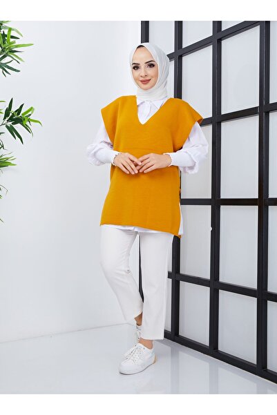 SAHRA BUTİK Sahra Butik - Mustard V-Neck Knitwear Sweater