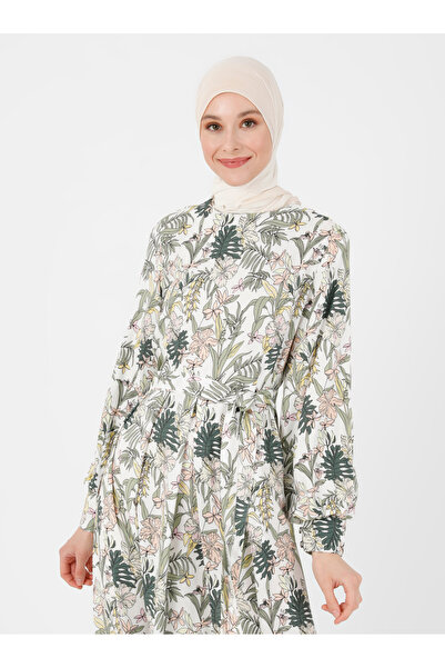 Refka Natural Fabric Floral Patterned Dress - Green Ecru -