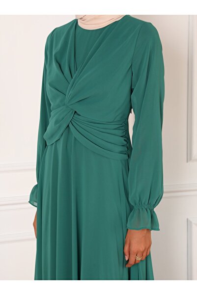 Refka Düğüm Detaylı Şifon Tesettür Abiye Elbise - Koyu Yeşil - Refka