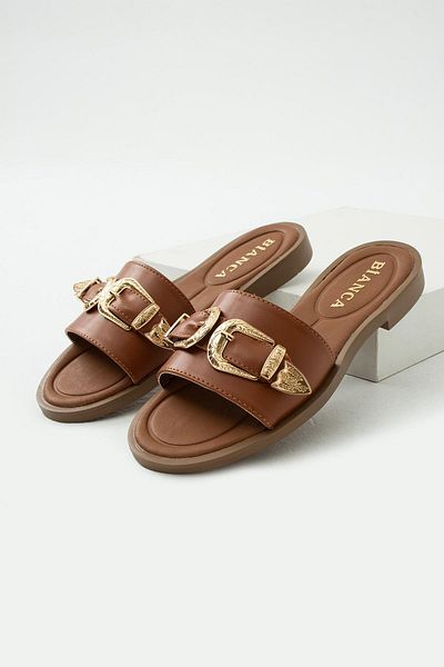 diclepolat Women's Flat Sole Slippers, Casual and Two Buckles Womin Tan