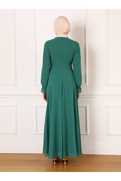 Refka Düğüm Detaylı Şifon Tesettür Abiye Elbise - Koyu Yeşil - Refka