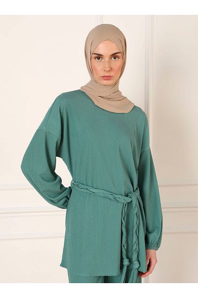 Refka Balloon Sleeve Tunic and Trousers Set - Belt Detailed - Çağla - Refka