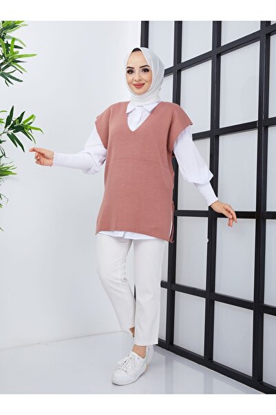 SAHRA BUTİK V Yaka Triko Süveter - Gül - SAHRA BUTİK