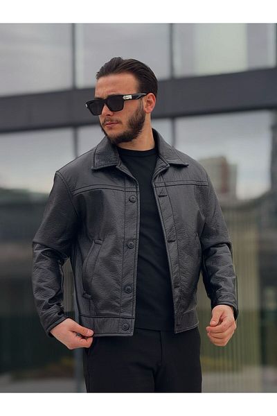 KINGAF Ανδρικό δερμάτινο μπουφάν με κουμπιά