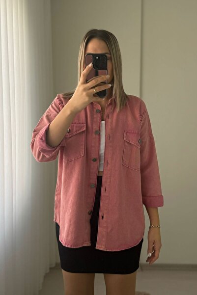 Mivida Oversize Yırtık Detay Gül Kurusu Gabardin Gömlek Ceket