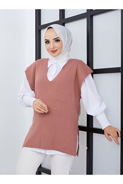 SAHRA BUTİK V Yaka Triko Süveter - Gül - SAHRA BUTİK